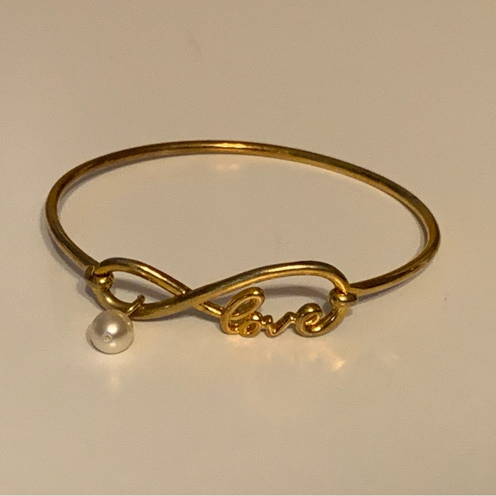 Gold 'Love' Infinity Bangle Bracelet with Pearl Accent - Women Jewelry